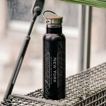 New York Map Bottle with Bamboo Top in Matte Black