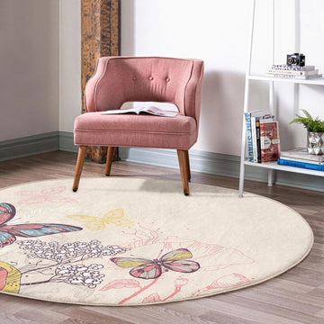 Butterfly Patterned Decorative Round Rug