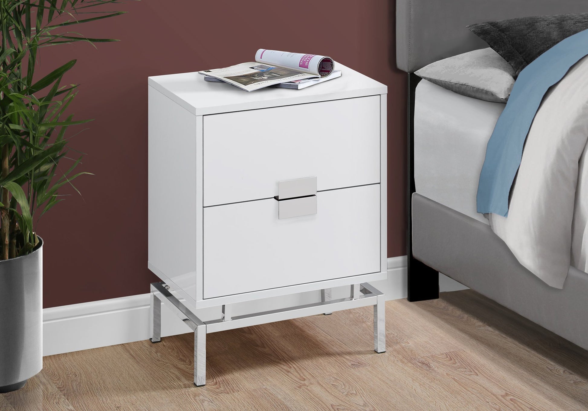 Chrome Accent Metal Nightstand Bedside Table