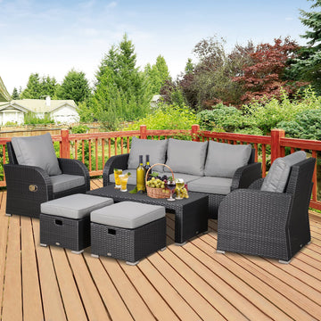 Outsunny 6-Piece Cushioned Outdoor Rattan Wicker 3-Seat Sofa  Recliner