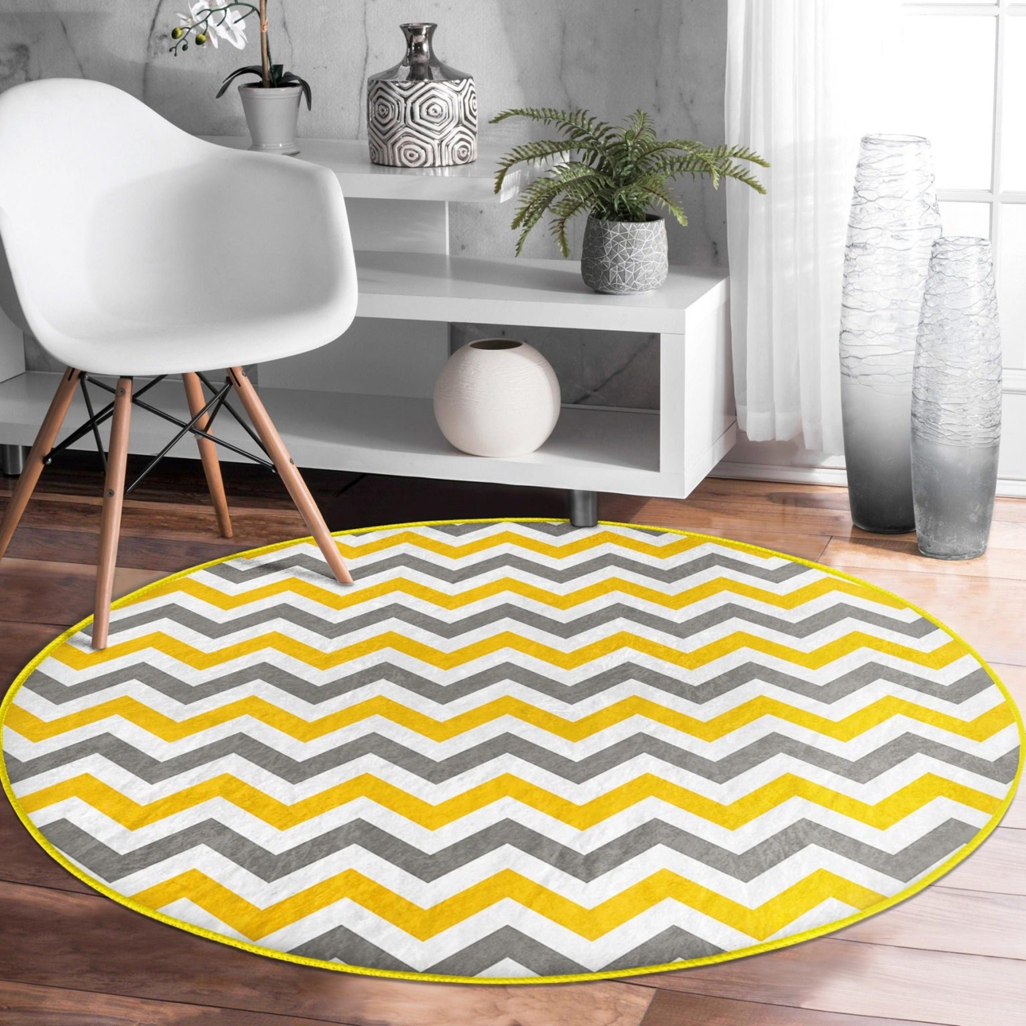 Yellow Gray White Patterned Decorative Round Rug