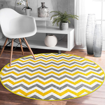 Yellow Gray White Patterned Decorative Round Rug