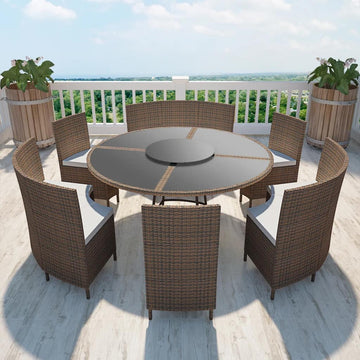 7 Piece Outdoor Dining Set with Cushions Poly Rattan Brown