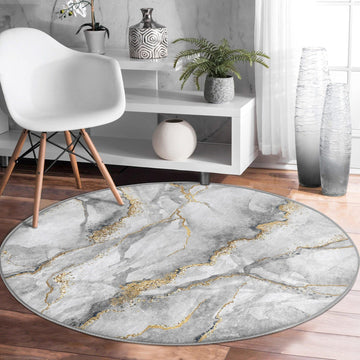 Grey Marble Design Modern Washable Round Rug