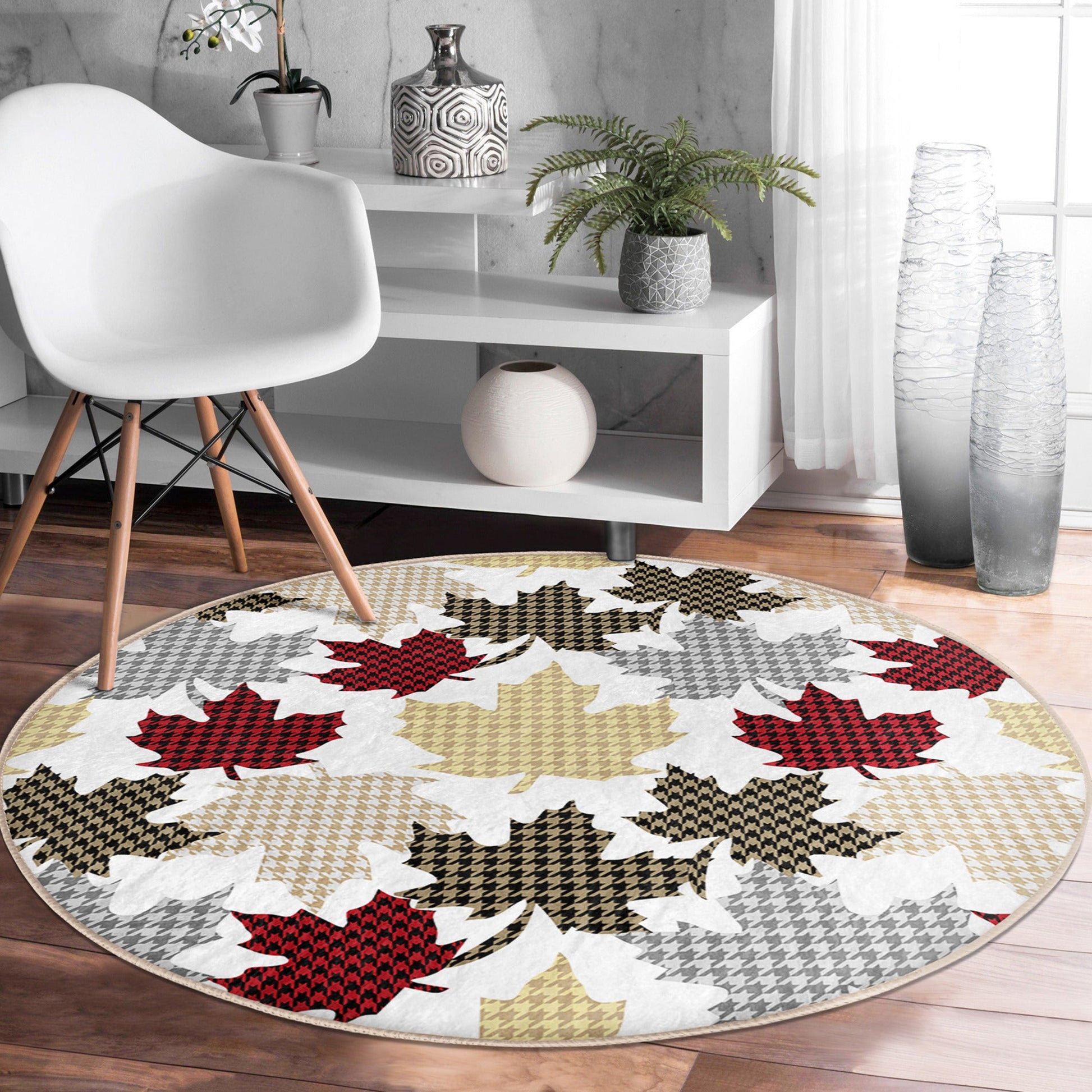 Leaf Pattern Washable Round Rug