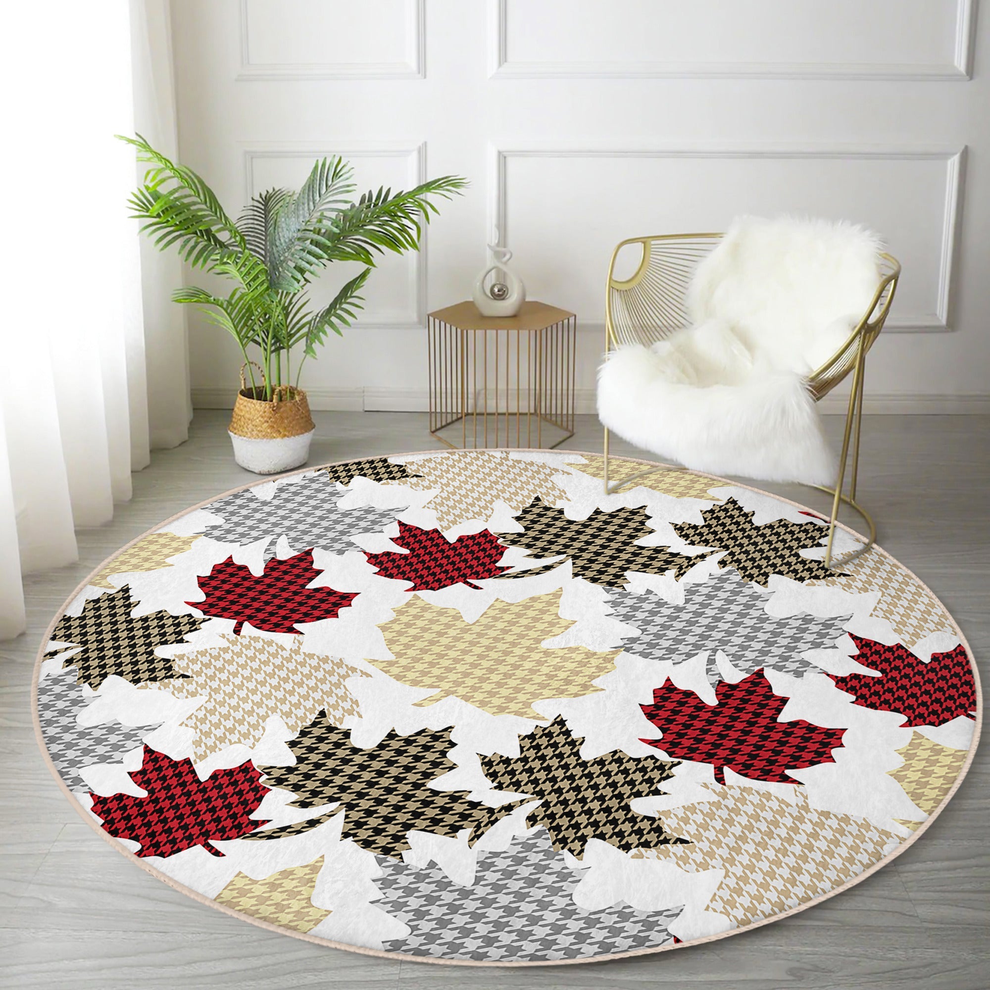 Leaf Pattern Washable Round Rug