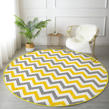 Yellow Gray White Patterned Decorative Round Rug